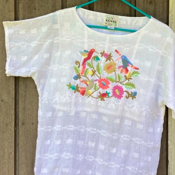 ELOHIM Top White Colorful Floral Embroidered Cotton Green Pink Blue Size Large - Picture 2 of 15
